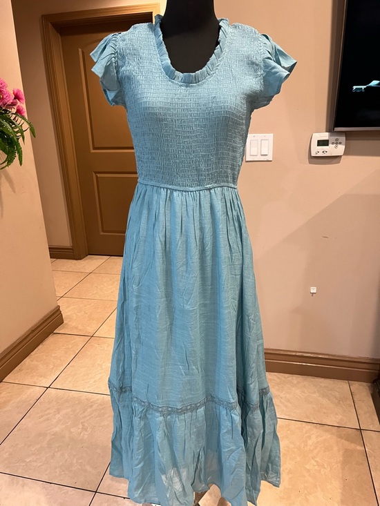 August Sky Dresses & Skirts - Sky Blue Smocked Maxi Dress with Ruffle Cap Sleeves